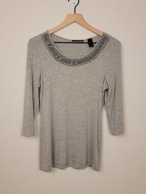 BKE Red Gray Heather Beaded Sequin Neck 3/4 Sleeve Knit Top Small